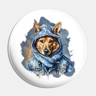 Street Dog wearing a denim jacket hoodie watercolor splash art Pin