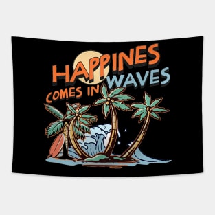 Happiness Comes In Waves, Hello Summer Vintage Funny Surfer Riding Surf Surfing Lover Gifts Tapestry