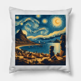 Easter Island, Rapa, Nui, Chile, in the style of Vincent van Gogh's Starry Night Pillow