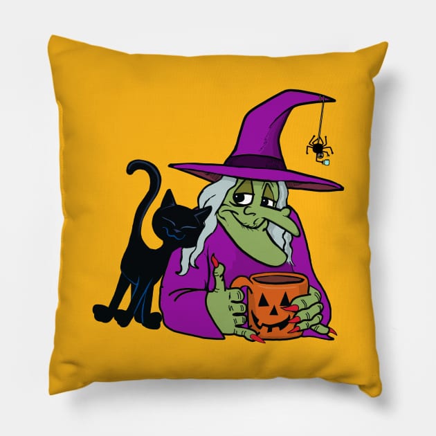 old witch with coffee and friends Pillow by wolfmanjaq