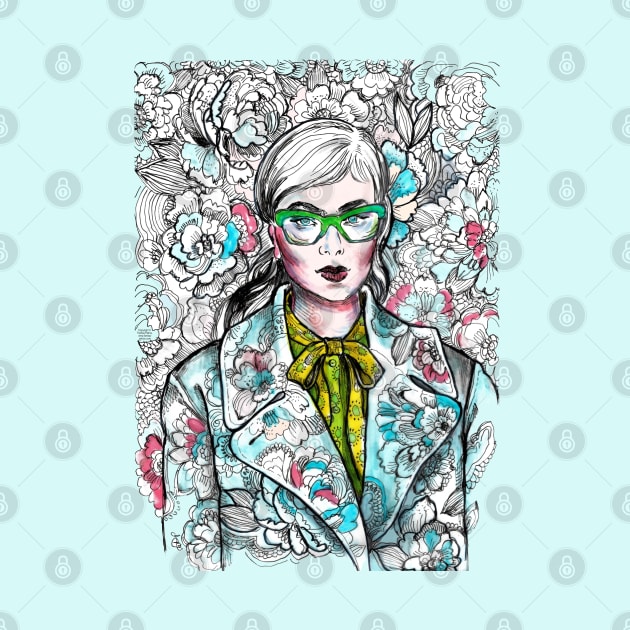 Woman Wearing Glasses in a Floral Pattern. by FanitsaArt