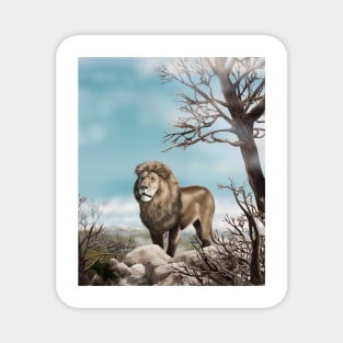 Lion king a wild animal. Wild African lion in nature. Retro style. Realistic Oil painting illustration. Wildlife ART Hand Drawing Magnet