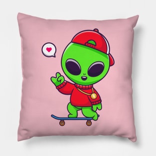 Cool Alien Playing Skateboard Cartoon Pillow