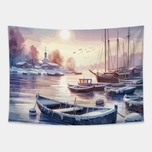 Winter River Boats Tapestry