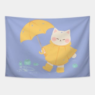 Raincoat Cat and Frogs Tapestry