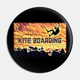 Kite Boarding (flying silhouette surfer sunset) Pin