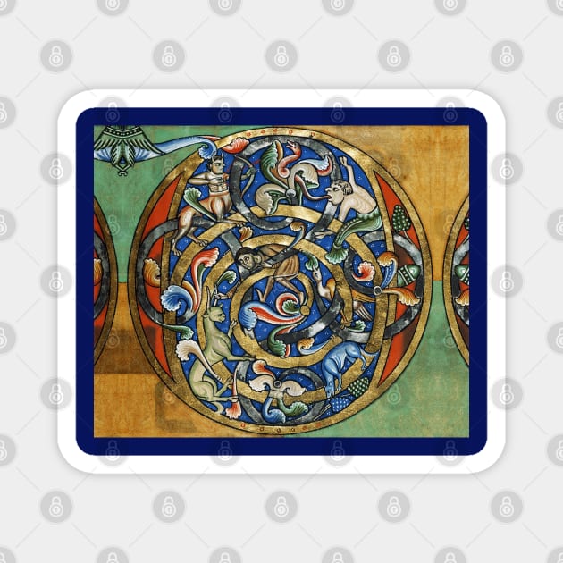 MEDIEVAL BESTIARY Centaur, Fantastic Animals Gold Blue Round Magnet by BulganLumini