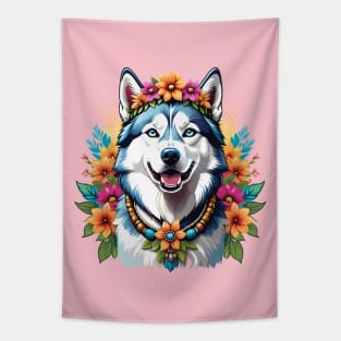 Hippie Husky in Flowers Tapestry