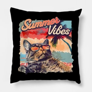 Summer Vibes Cool Retro Cat in Sunglasses-Vintage Sunset Pillow