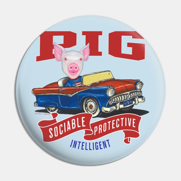 Humor funny and cute Pig driving a vintage classic car to a retro parade with red white and blue flags Pin by Danny Gordon Art