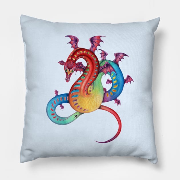 Fabulous Rainbow Dragon in Red, Blue, Yellow Pillow by Sandra Staple