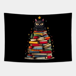 Black Cat Bookworm Christmas Tree Books Tapestry