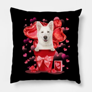 White German Shepherd In Red Pot Happy Valentine's Day Pillow