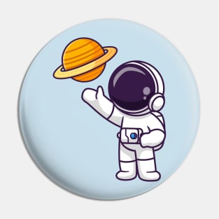 Cute Astronaut Observing Planet Cartoon Pin