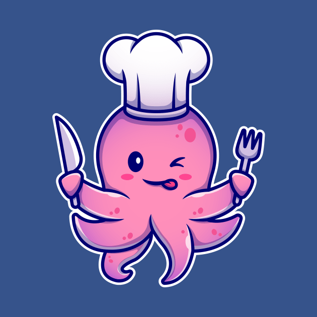 Octopus Chef Holding Knife And Fork Cartoon by Catalyst Labs