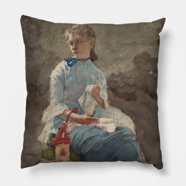 Young Woman Sewing by Winslow Homer Pillow by Classic Art Stall