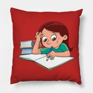 girl is sitting next to the books and writing in a notebook with a pencil Pillow