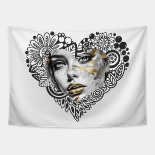 Golden Impasto Reflections: Abstract Portrait-- An artistic depiction of a striking girl's face in a close-up pencil sketch Tapestry