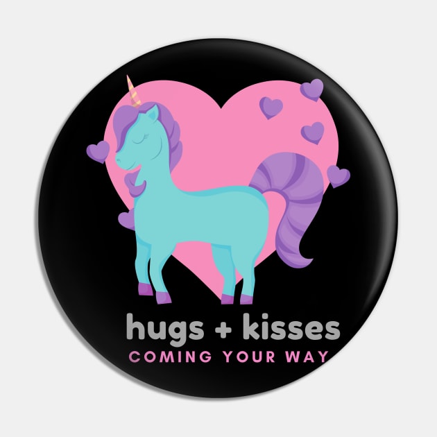 Unicorn With Heart & Hugs + Kisses Coming Your Way Text Pin by Vegan Squad