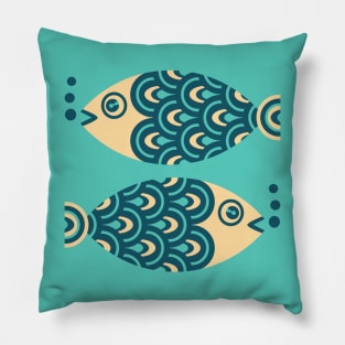 TWO FUN SWIMMING GEOMETRIC FISH Retro in Dark Blue, Turquoise and Cream - UnBlink Studio by Jackie Tahara Pillow