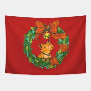 Orange Tabby Cat in a Holiday Wreath Tapestry