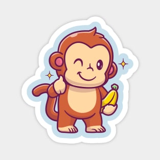 Cute Monkey Holding Banana With Thumb Up Cartoon Magnet