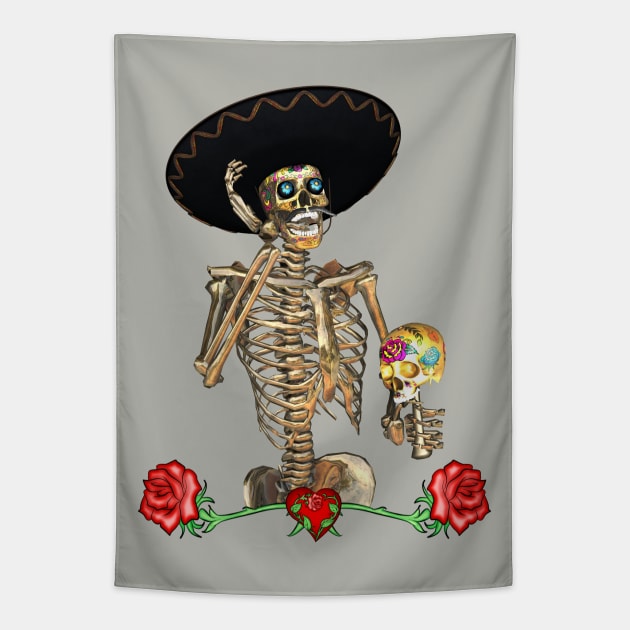 Funny sugar skull skeleton with mexican hat Tapestry by Nicky2342