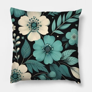 Teal Floral Illustration Pillow