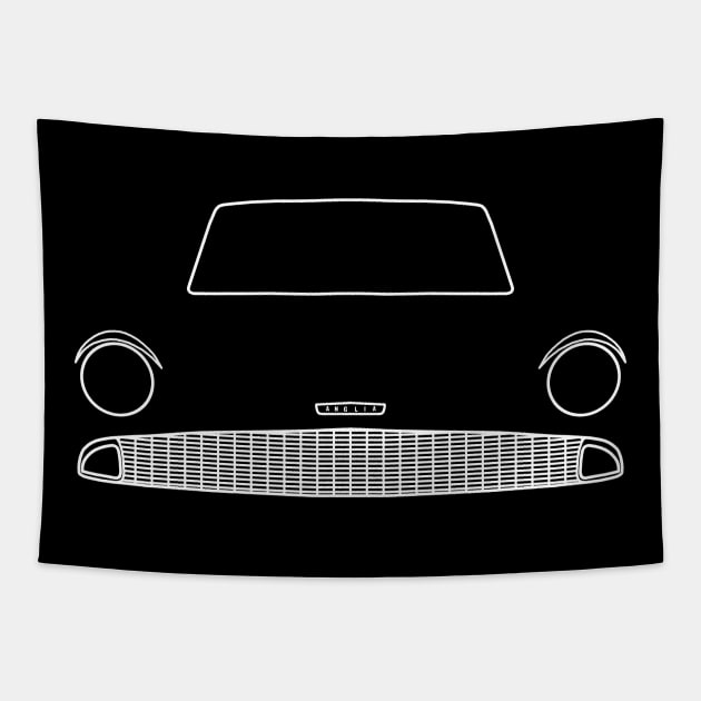 Ford Anglia classic car outline graphic (white) Tapestry by soitwouldseem