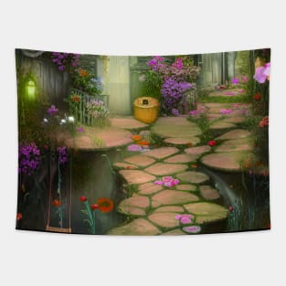 Sparkling Fantasy Cottage with Lights and Glitter Background in Forest, Scenery Nature Tapestry