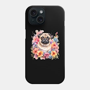 A pug decorated with beautiful watercolor flowers Phone Case