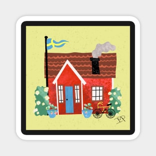 Swedish Summer Cottage with Flags - Midsommar Stuga - Yellow Background Magnet