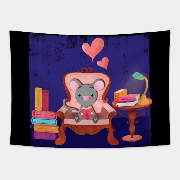 Cute mouse love reading at night Tapestry by PrintAmor