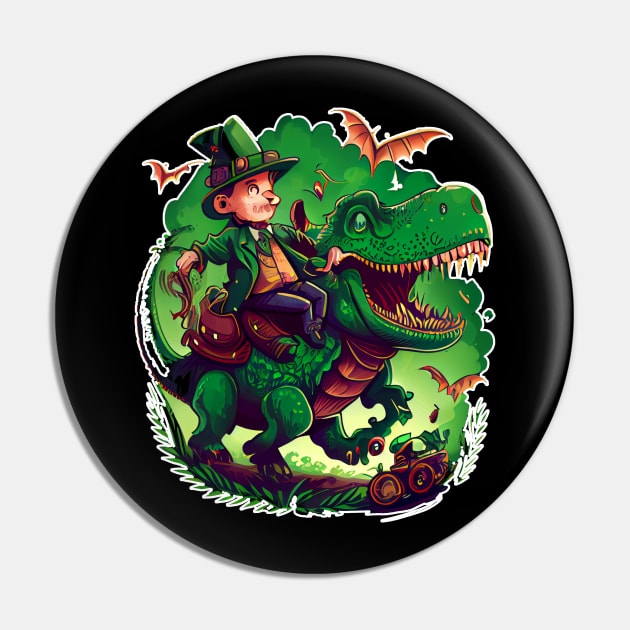 Funny Leprechaun Riding T-rex Pin by TriHarder12