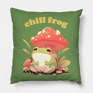 Cute Cottagecore Aesthetic Chill Frog with Mushroom Pillow