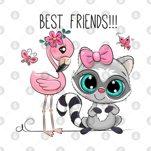 Cute raccoon and pink flamingo. Good friends are animals. by Reginast777