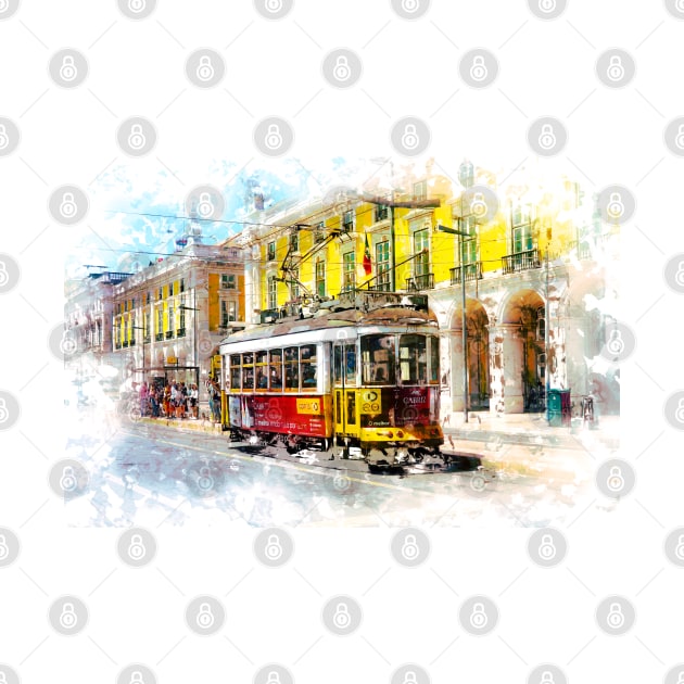 Lisbon Portugal Street Tram Amazing European city Abstract Watercolor Art Style by Naumovski