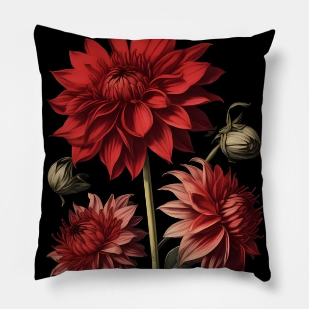 Red Dahlia Flowers Vintage Botanical Illustration Pillow by craftydesigns