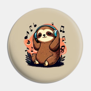 Kawaii Cute Sloth Listening To Music Pin