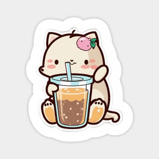 Cute Cat Drinking Bubble Tea Cartoon Boba Drawing Magnet