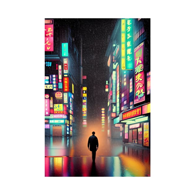 A Man in Tokyo Neon Anime Japan Rainy Street Vibes <3 by Trendy-Now