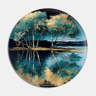 Golden Tree Blue Lake Reflections Pin