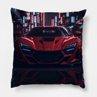 Dark Red Sports Car in Japanese Neon City Pillow