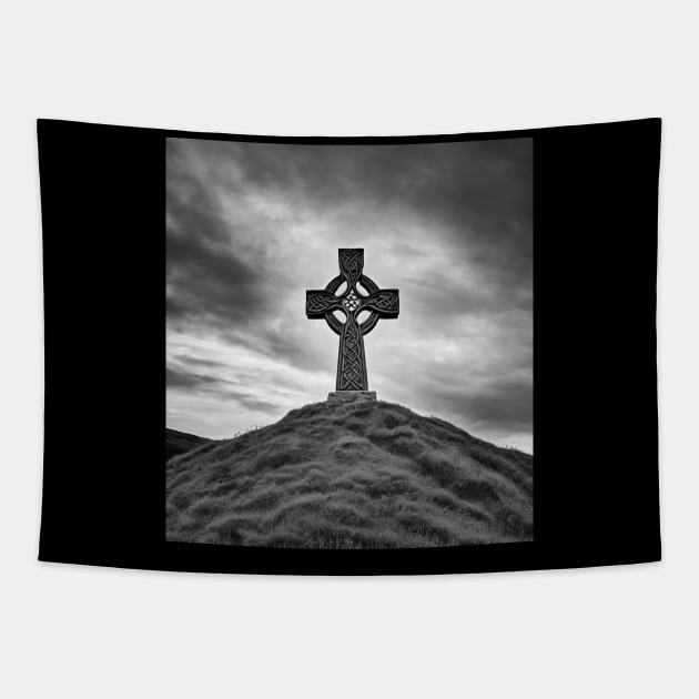 Ancient Celtic Cross on a Burial Mound hill on a hill beneath a stormy, angry sky Tapestry by DesignsbyZazz