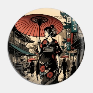 Ukiyo-e Lady: Strolling Through the Market Pin