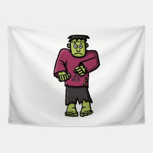 Funny musician Frankenstein cartoon playing the triangle cute halloween autumn digital illustration Tapestry