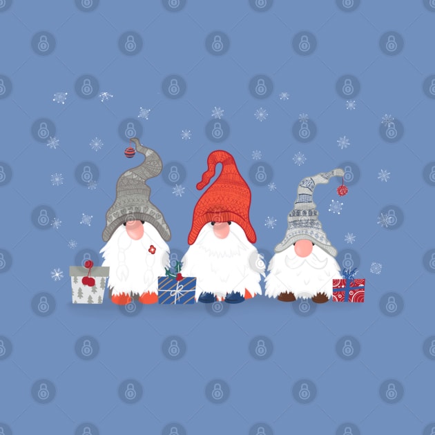 Three Christmas Gnomes with Snowflakes and Presents on Pale Blue by NattyDesigns