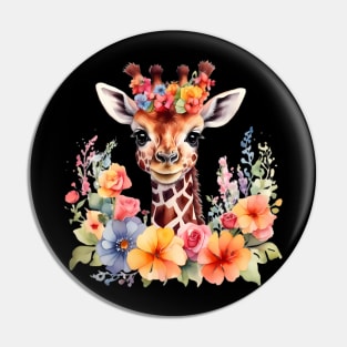 A baby giraffe decorated with beautiful watercolor flowers Pin