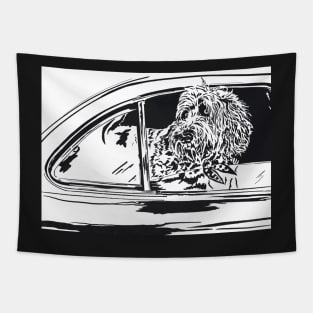 Labradoodle in a Car Linoprint Tapestry