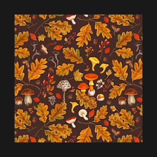 Forest mushrooms and autumn flora on brown T-Shirt